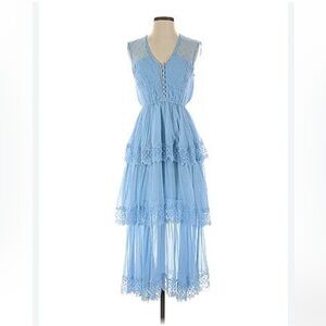 Self Portrait Powder Blue Chiffon Lace Tiered Dress in Size 8 - Sleeveless